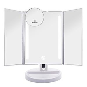 Auxmir Schminkspiegel mit LED Beleuchtung, 1X/10X Kosmetikspiegel mit Touch Dimmbar Licht, Faltbar 3 Seiten Tischspiegel, USB oder Batteriebetrieben