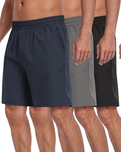 PARISDIARY 3 Pack Men's Athletic Running Shorts with Zipper Pockets,Quick Dry Gym Workout Basketball Hiking Shorts for Men-BlackDGrayNavy-L