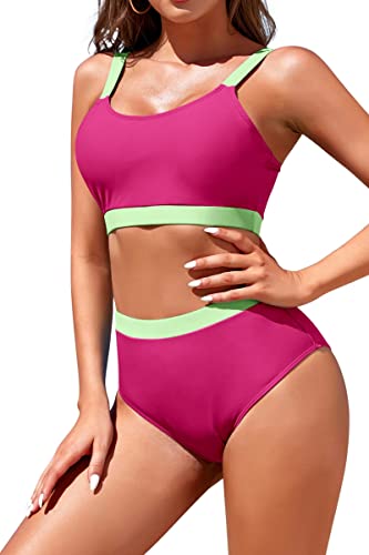 Image of Womens High Waisted Bikini Sets Sporty Crop Top Color Block Swimwear Bandeau Scoop Neck Vintage Two Piece Bathing Suits