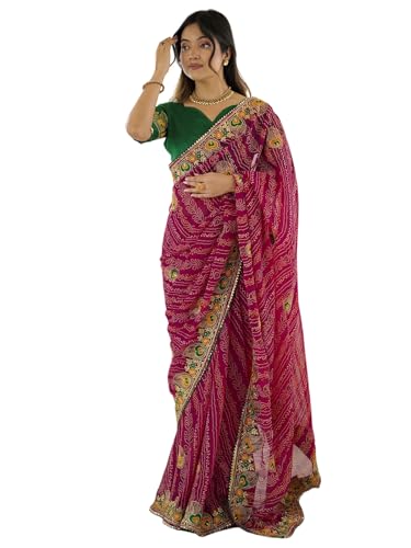Image of Satrani Women's Georgette Bandhani Printed Embroidered gota lace Saree with Unstitched Blouse Piece