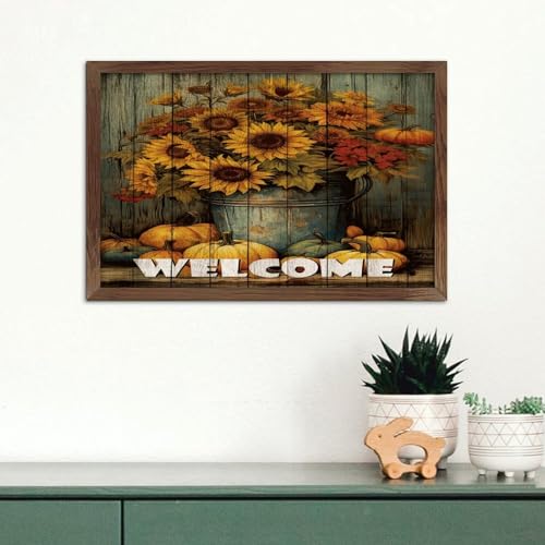 Cadre Welcome citrouille et tournesols : une décoration murale en bois chaleureuse pour le salon