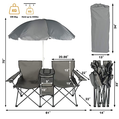 Doalbun Double Portable Picnic Chair Folding Camping Chair W/Umbrella Table Beverage Holder Carrying Bag Cooler Fold Up Table For Patio Pool Park Outdoor Beach Camping Chair (Grey) #TOP4