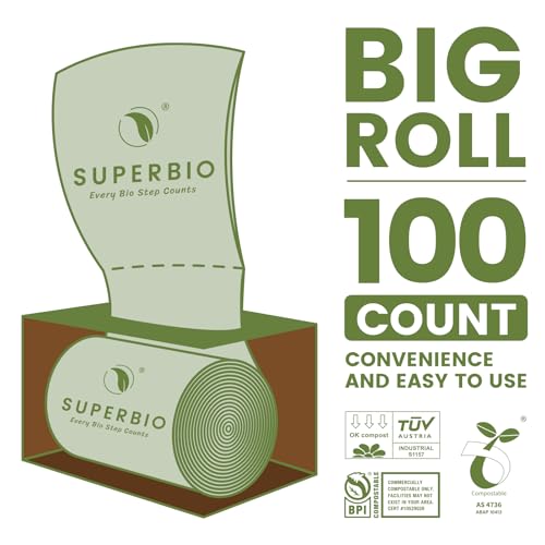 SUPERBIO 2.6 Gallon Compostable Food Waste Bags, 100 Count, 1 Pack, Flat Top Food Scrap Bags, ASTM D6400,Certified by BPI and OK compost INDUSTRIAL,9.84L