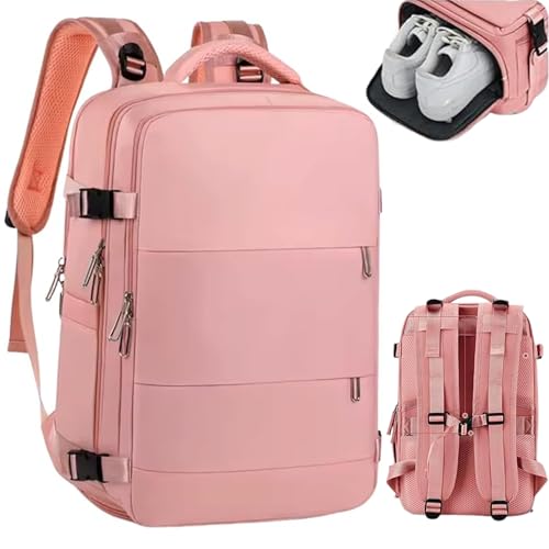 [Assista o Vídeo] Mochila Viagem Avião Impermeável Feminina Compartimento Para Notebook Sapato Usb Bolso Para Objetos úmidos Low Cost - ROSA - CODATECH