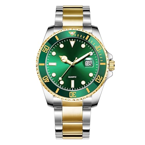 42mm Green Dial Watch for Men with Snap Lock, Premium Stainless Steel Golden and Silver Chain Watch for Men, Waterproof Quartz Analog Formal Watches for...