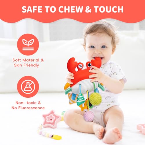 Accevo Baby Crab Pull Seil hängende Spielzeug, Baby Rasseln, Kauspielzeug mit Spiegel für Kleinkinder Bett Kinderwagen Autositz Bar für Babys Geschenke Jungen und Mädchen
