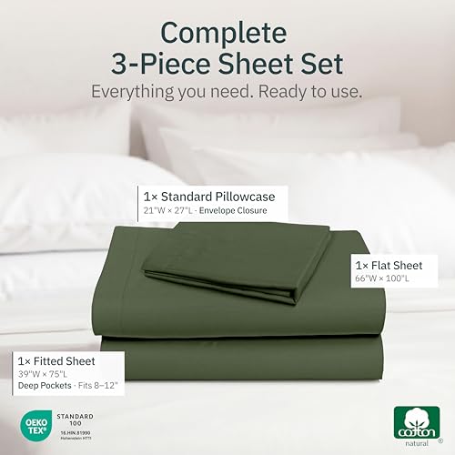 Image of Super Soft 100% Cotton Twin Sheets, 3 Pc Set, Olive Green | Lightweight & Breathable For Hot Sleepers, All-Around Elastic, Durable, Easy Care, OekoTex Certified