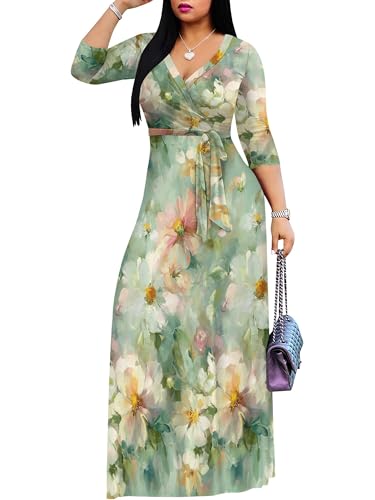 Image of Plus Size Dresses for Women Floral Print Maxi Dress Flowy 3 /4 Sleeve with Belt