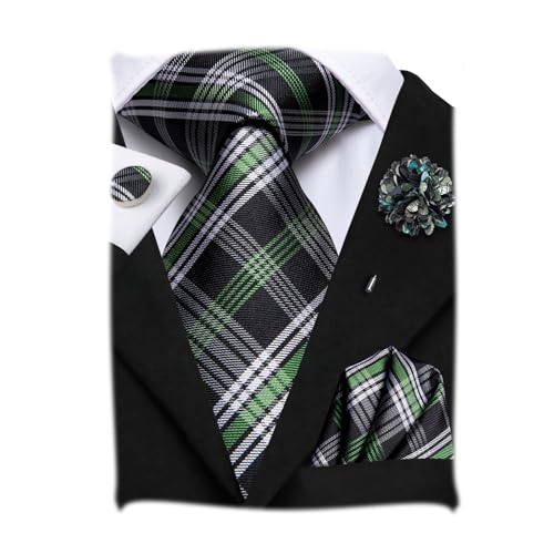 Hi-Tie Green and Black Mens Plaid Ties Woven Silk Ties with Lapel Pin Handkerchief Set Wedding Party Necktie for Suit