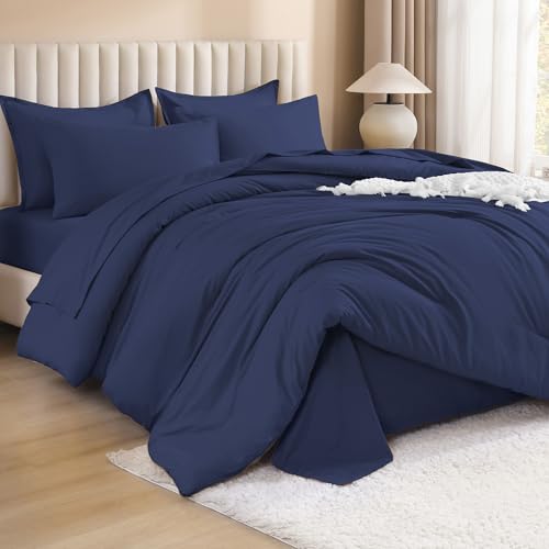 Image of Litanika Super King Plus Comforter Sets Navy Blue - 7 Pieces Bed in a Bag Beddding Sets, Solid Lightweight Bed Set with Comforter, Sheets, Pillowcases & Shams