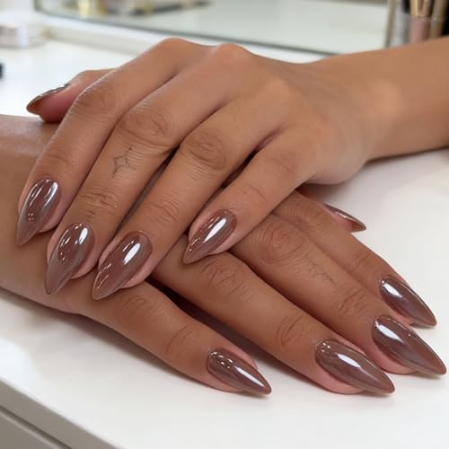 Floruvia 24 pièces ongles à presser marron forme amande chrome ongles à presser moyens, ongles en gel à paillettes effet miroir, ongles à coller réutilisables