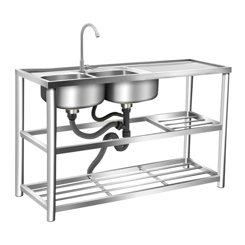 CHIMHOON Évier de Cuisine Autonome en Acier Inoxydable avec 2 Bacs et Robinet à 360 °, 3 Niveaux, Capacité de Charge de 100 kg, Pour Restaurant, Camping, Extérieur - 120 x 45 x 80 cm