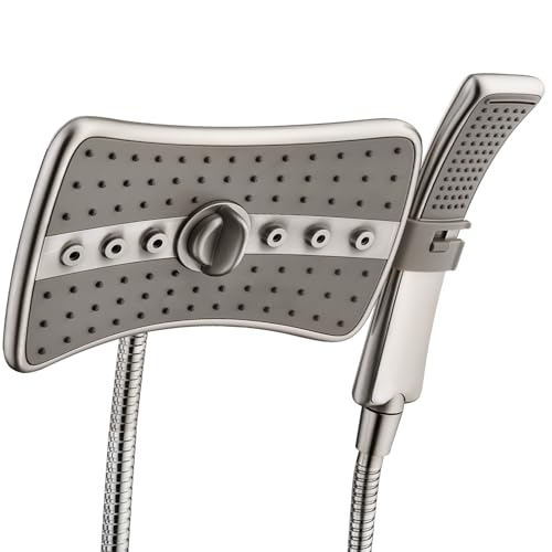 BRIGHT SHOWERS High Pressure Shower Head Combo with Two Spray Setting Fixed Shower Head and Two Spray Settings Handheld Shower Head with Grey Face, Brushed Nickel
