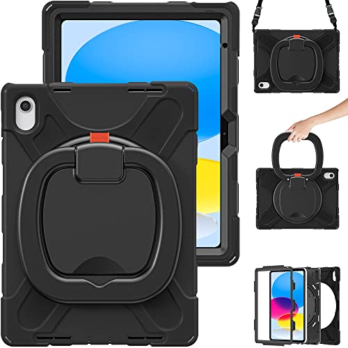 Coque iPad 10e génération TPU noir antichoc 10,9 pouces 2022 avec poignée et bandoulière