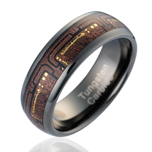 100S JEWELRY Gunmetal Circuit Board Inlay Tungsten Rings For Men Wedding Band Dome Edge Polished Finish Size 6-16