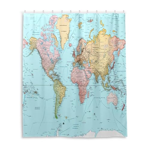 DUOBU World Map Shower Curtain Washable Waterproof Fabric Bath Curtain 60x72Inch Shower Curtains with Hooks for Bathroom Decor