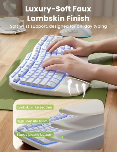 Image of SABLUTE White Wireless Keyboard and Mouse Combo, Light up Ergonomic Keyboard Set, 2.4G Full Size Ergo Wave Key Board with Cushioned Plam Rest, Silent Mouse, for Computer /Laptop /Windows /Mac