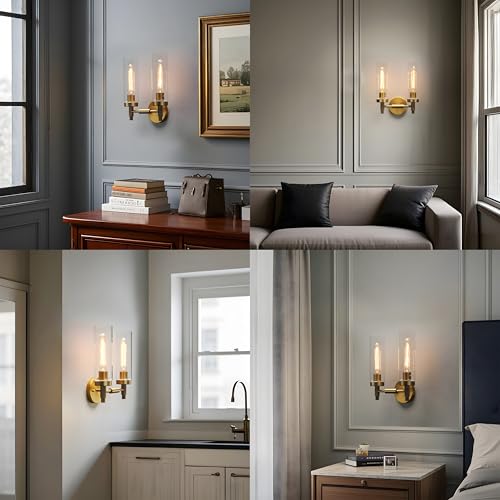 Image of Phansthy Rustic Industrial Wall Sconce Light with 3.14 inch /8cm Tubular Clear Glass Lampshade (Double Sconce Antique)