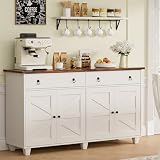 SYESWAY Buffet Cabinet with Storage, 55”Large Coffee Bar Cabinet with 2 Drawers and 4 Barn Doors, Adjustable Shelf, Modern Farmhouse Sideboard Buffet for Kitchen, Living Room, White
