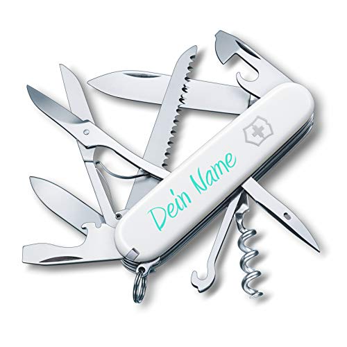 Victorinox Taschenmesser Huntsman mit Wunsch Druck auf der Schale I Geschenk für Männer Frauen I zum Geburtstag I Schweizer Taschenmesser personalisiert mit 15 Funktionen 1.3713 (weiss)