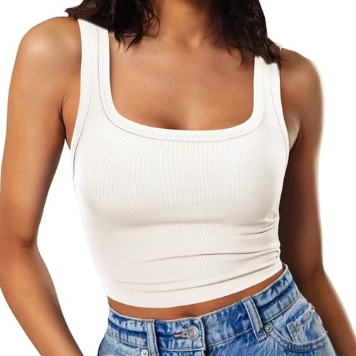 RIROW Damen Ärmelloses Tank Top Slim Fit Quadrat-Ausschnitt Geripptes Basic Oberteil M Weiß