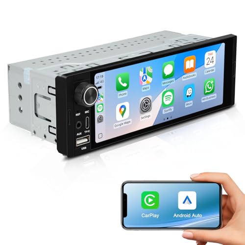 6.36' Single DIN Car Stereo - Wireless CarPlay & Android Auto | Linux System HD IPS Touchscreen Radio | Bluetooth 5.0 | USB-C/USB/FM | EQ Controls | Microphone Included