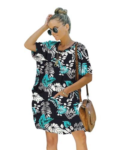 Image of Women's Casual Summer T Shirt Dress Elastic Loose Short Sleeve Dress with Pocket for Women