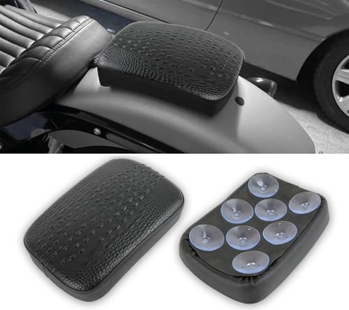 DREAMIZER Black Crocodile Leather Pillion Passenger Pad Rectangular Motorcycle Solo Seat Universal Rear Cusion 8 Suction Cups Pillon Cushion Compatible with Harley Custom Chopper Cruiser