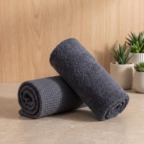 Image of Mush Bamboo Dual Texture Waffle Terry Hand Towel Set of 2 | Ultra Soft, Highly Absorbent, Quick Dry | Hand Towels for Bathroom, Gym & Travel (40x60 cm, 450 GSM) Charcoal Grey