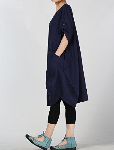 Mordenmiss Women's Cotton Linen Dresses Plus Size Summer Roll-up Sleeve Baggy Sundress with Pockets M Blue
