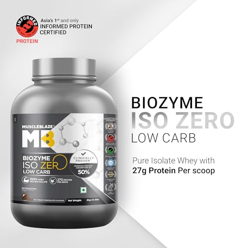 Image of MuscleBlaze Biozyme Iso-Zero Whey Protein Isolate Powder, 2kg (4.4lbs) | Ice Cream Chocolate | 27g Protein Per Scoop | USA Patent-Published Enhanced Absorption Formula (EAF)