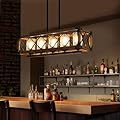 Giluta Rectangle Wood Metal Pendant Light Kitchen Island Chandelier Black Finish Rustic Industrial Chandelier Vintage Ceiling Light Fixture 5 Lights with Glass Shade (17810)