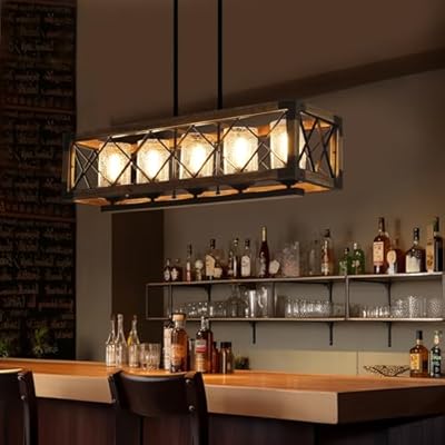 Giluta Rectangle Wood Metal Pendant Light Kitchen Island Chandelier Black Finish Rustic Industrial Chandelier Vintage Ceiling Light Fixture 5 Lights with Glass Shade (17810)