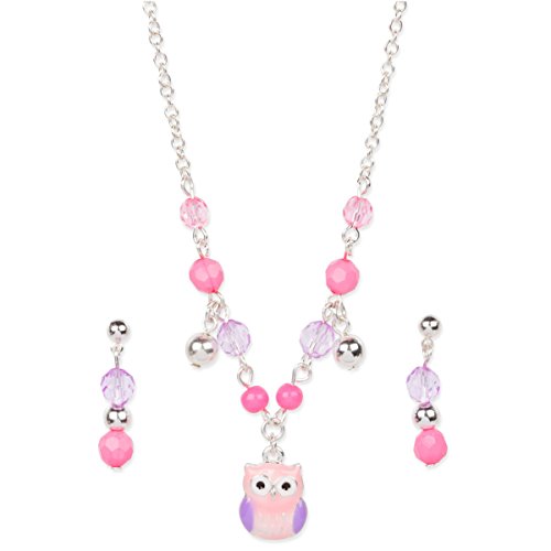Heirloom Finds Girls Cute Owl Pink Purple Enamel Beaded Silver Tone Necklace Earrings Set