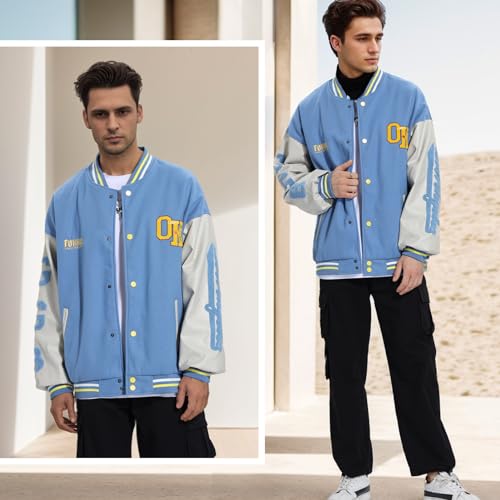 Image of Mens Varsity Jacket Baseball Bomber Jacket Vintage Unisex Streetwear Coats with Patchwork Hipster Utility Tops