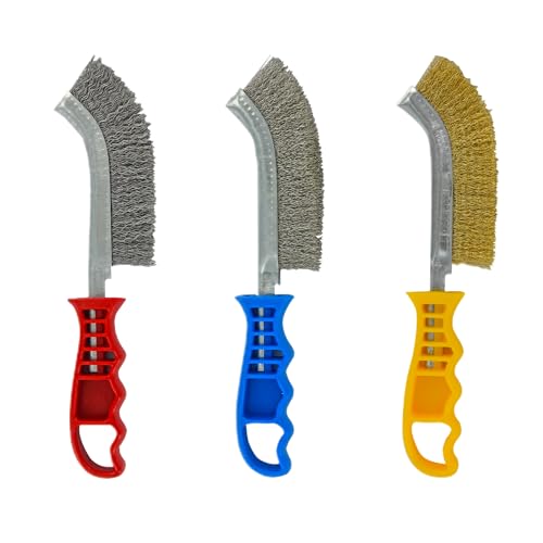 TIVOLY - Lot de 3 Brosses à Main - Brosses Métalliques en Acier, Acier Laitonné et Acier Inoxydable - Poignées Ergonomiques
