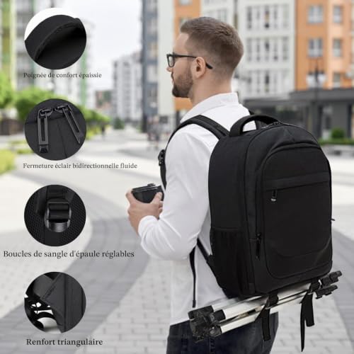 HIUOUIH Sac à dos Appareil Photo Grand, Sac Photo pour Reflex et Hybride, 39 x 29 x 19 cm, Housse de Pluie Noire, Compartiments Réglables, Ordinateur Portable 15,6 Pouces, Sangle de Poitrine, Noir – vue 5