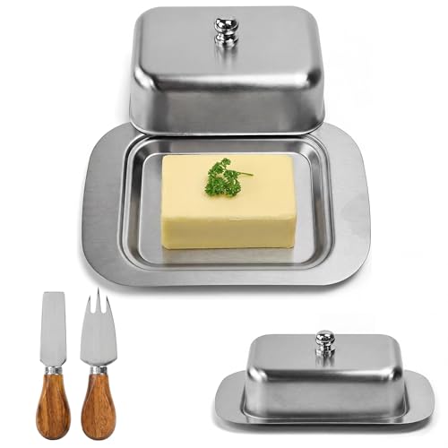 Beurrier Inox,avec 1 Beurrier + 1 Couteau à Beurre + 1 Fourchette à Beurre,Léger,Robuste,pour le Gâteau,Fromage (17,9×12,2×4,5 cm)