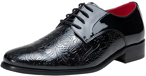 Jousen Mens Dress Shoes Velvet Tuxedo Shoes for Men Faux Patent Leather Oxford Shoes Classic Formal Lace-up Black Dress Shoes(AMY9091 Black 8)