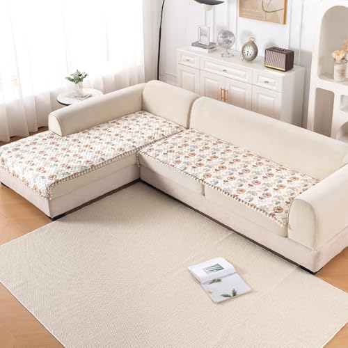 Image of HOKIPO Wildflower Breeze L Shape (3+2 Seater) Sofa Seat Mat with Tassel| Quilted Sofa Cover Mat, 'Tassel Twigs' Series (IN-984-T7 + IN-986-T7)