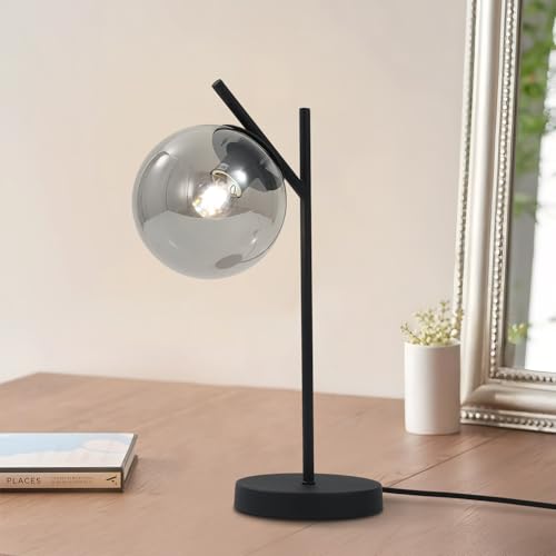 Image of Black Table Lamp Vintage Metal Desk Lamp Modern Smoke Gray Glass Globe Nightstand Lamp Nordic Bedside Lamp for Living Room Bedroom Office