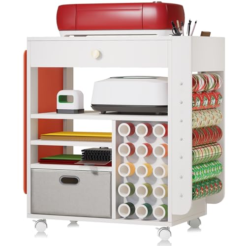 Image of Cooday Craft Organizers and Storage Cart with Upgraded Wheels, Compatible with Cricut Machines - Rolling Craft Cart with 22 Vinyl Roll Holders, Craft Cabinet and Storage Workstation for Craft Room