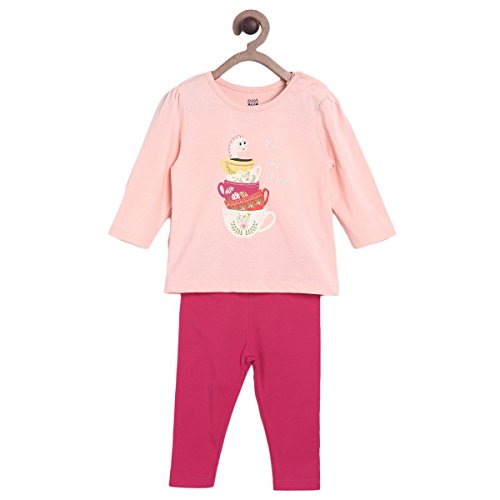 Image of miniklub Girls Peach-Coloured & Pink Printed T-Shirt With Leggings