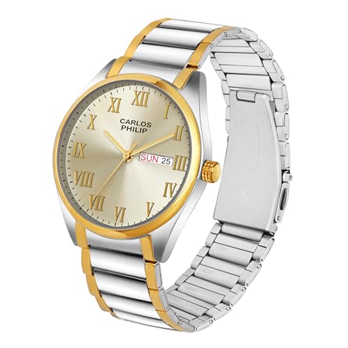 Image of Carlos Philip Men's Roman Numeral Analog Watch - Day and Date Display, Stainless Steel Strap, Quartz Movement, Business Style Watch for Men