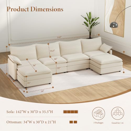 Image of Vesgantti 142 inch U Shaped Sectional Modular Couch, Comfy Cloud Sofa, Beige | Deep Seat Cloud Sectional Sofa with 2 Ottomans, Modern Corduroy Couches for Living Room, Office, Apartment