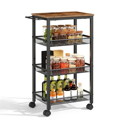 HOOBRO Carro de Servicio de 4 Niveles con Ruedas y Patas Ajustables, Carrito con Ruedas y Paneles Laterales, Carro de Cocina, Carrito de Bar, para Cocina, Salón, Baño, Negro y Marrón Vintage EBF72TC01