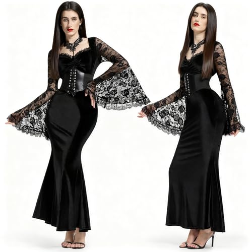 BuzzoXerex Morticia Addams Kostüm, Gothic Kleidung Damen Halloween Kostüm mit Korsett, Halskette, Lace Trompetenärmel Samtstoff Renaissance Kleid...