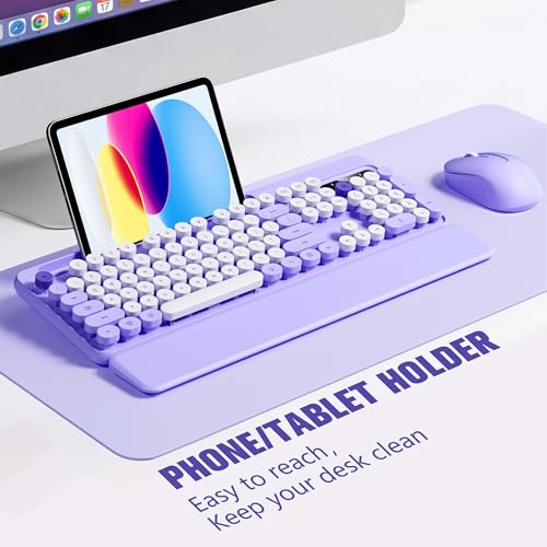 Hamile Wireless Keyboard and Mouse Combo - Detachable Wrist Rest, Phone/Tablet Holder, Retro Typewriter Style Keyboard, Colorful Round Keycaps, 2.4GHz Wireless for Windows/Mac/PC/Laptop, Purple by Hamile - Used condition - Image 3