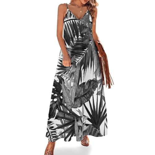 Robe maxi pour voyages fluide sans manches feuille tropicale noire