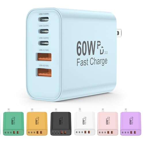 USB C Charger Block, 60W 5 in 1 Charging Blocks, PD 3.0 Fast Charger, QC 2A Blue Wall Plug Multiport Type C Charging Block for iPhone 17 16 15 14 13 12 Pro Max, iPad, iPod, Samsung, AirPods Pro